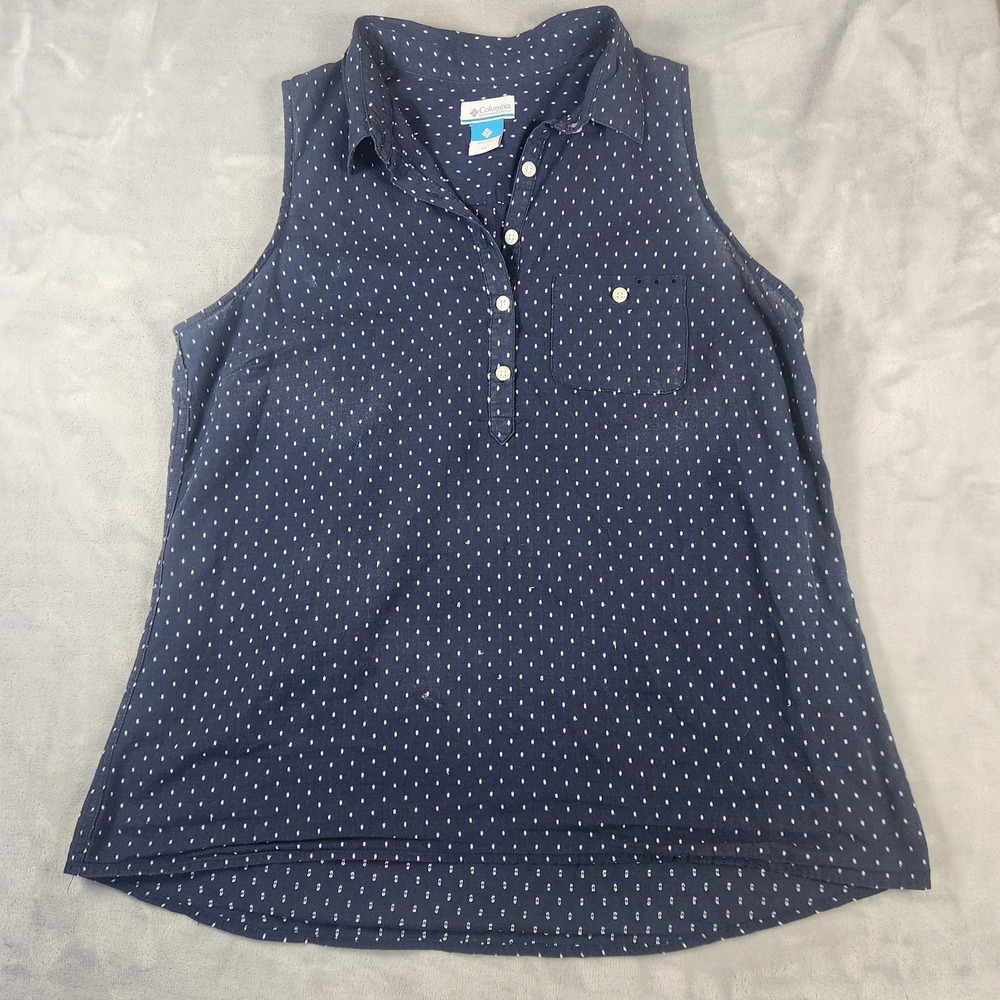 Columbia‎ Women's XL Navy Polka Dot Sleeveless Collared Hiking Fishing Top